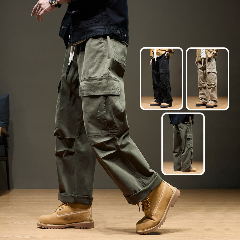 M-8XL plus size autumn and winter new multi-pocket overalls men's American high street loose wide leg straight casual pants