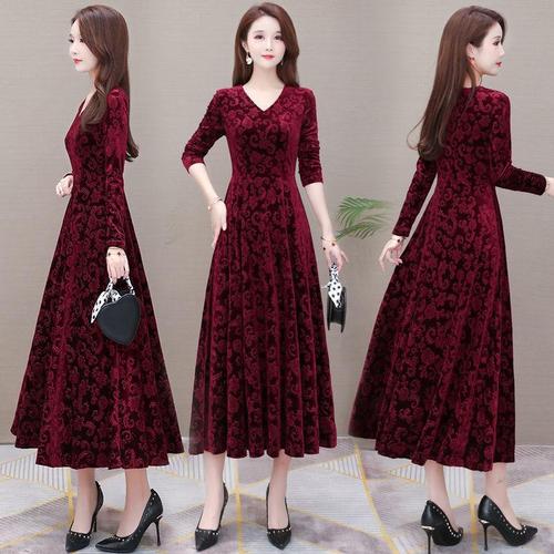 Ready-to-wear 2024 spring and autumn new slimming large-drape skirt for women, plus-size women, gold velvet long-sleeve dress, long length