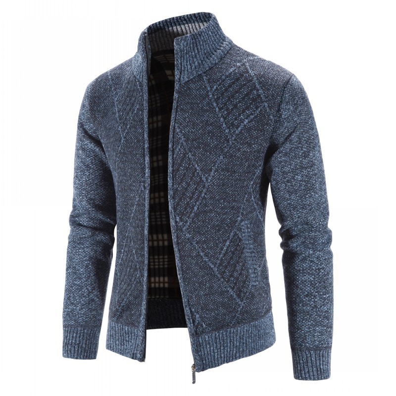 Cárdigan de punto para hombre para otoño e invierno, suéter para hombres de mediana edad y mayores, cuello alto informal, suéter jacquard de manga larga para hombre.