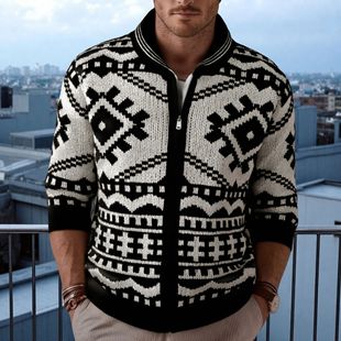 Foreign Trade Amazon Men's Autumn and Winter Men's Jacquard Knitted Coat Lapel Long Sleeve Jacket Sweater SY0020