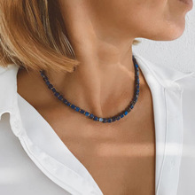 欧美小众个性地中海浪漫蓝色天然青金石方块串珠项链高级感锁骨链