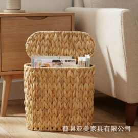 跨境水葫芦草编收纳篮带盖客厅装饰垃圾桶床边脏衣篮玩具储物筐