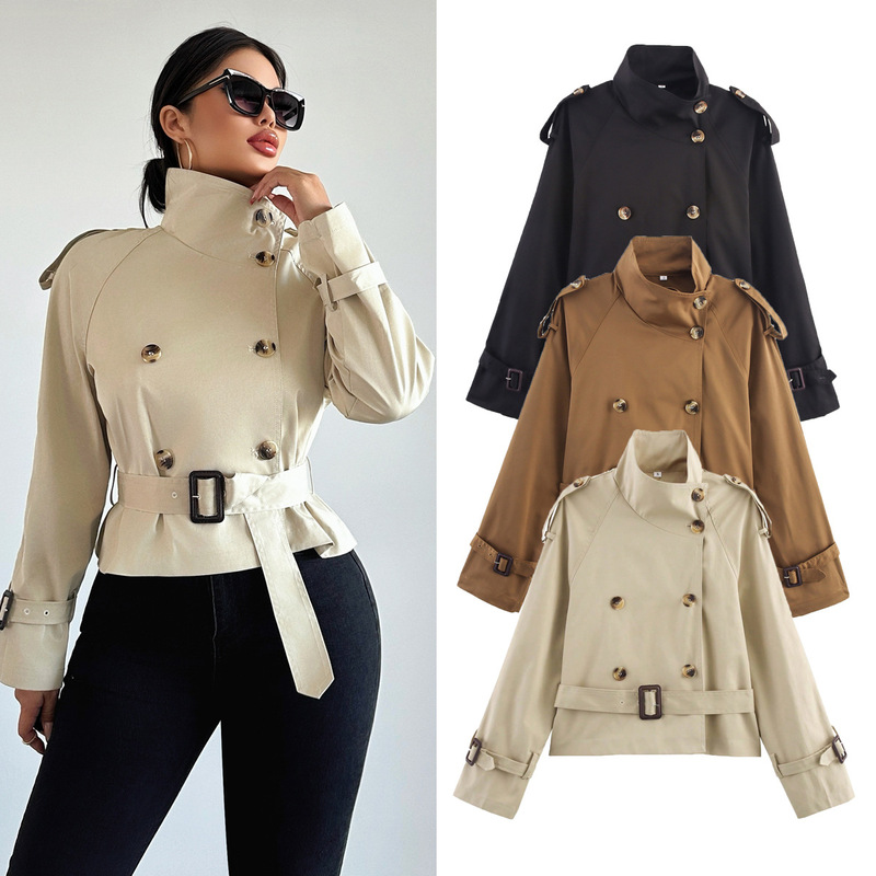 Cross-Border Export Women's Clothing 2025 Spring & Fall European and American Style Lapel with Belt Buckle Short Windbreaker Jacket for Women A15022