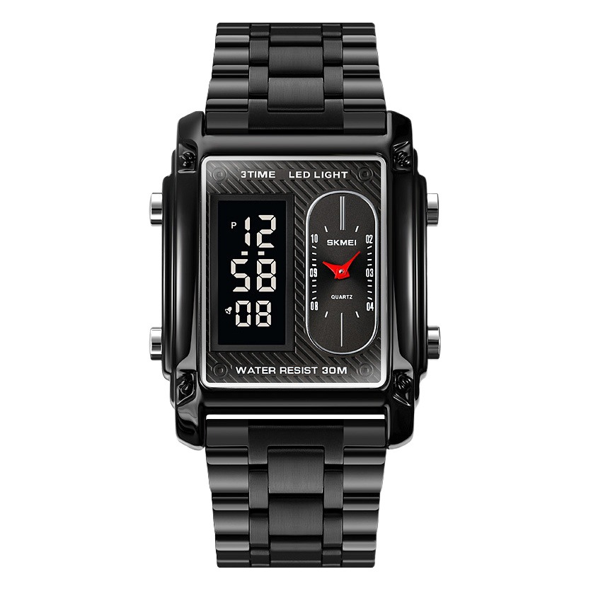 Skmei 1868 cuadrado doble pantalla reloj electrónico estudiante de los hombres impermeable correa de acero reloj negro Guerrero Correa reloj