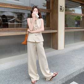 复古老钱风竖条纹亚麻套装女夏季2026法式气质马甲阔腿长裤两件套