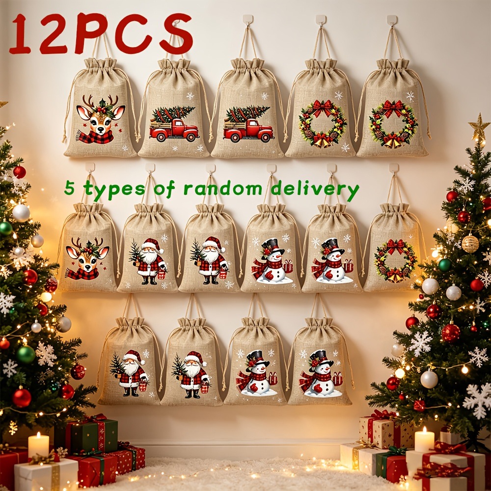 Nueva bolsa de lino de Navidad bolsas de cuerda de dibujo de Navidad bolsas de decoración de árbol de Navidad bolsas de almacenamiento 5 tipos de bolsas de impresión