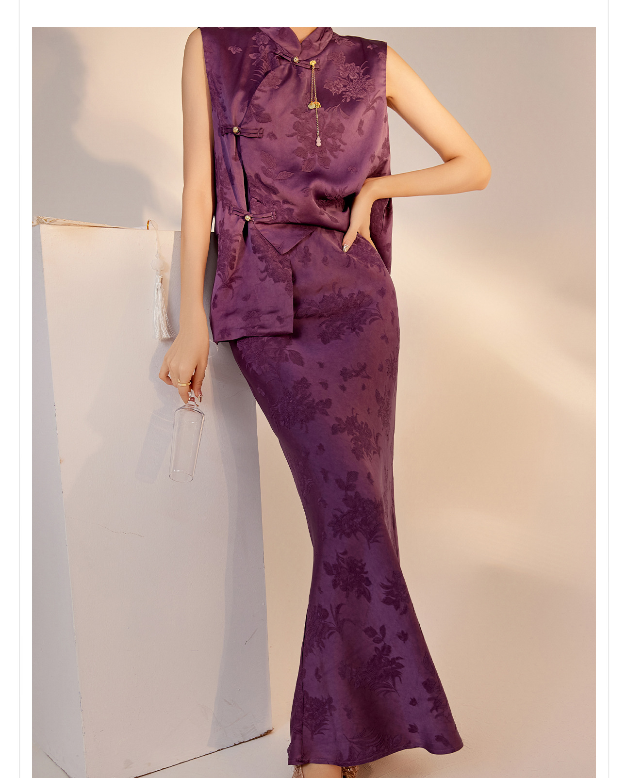 Bộ áo vest và váy in họa tiết tím phong cách Tân Trung Quốc đầu thu nữ M7085 — Váy nửa, Áo gilê chi tiết 8