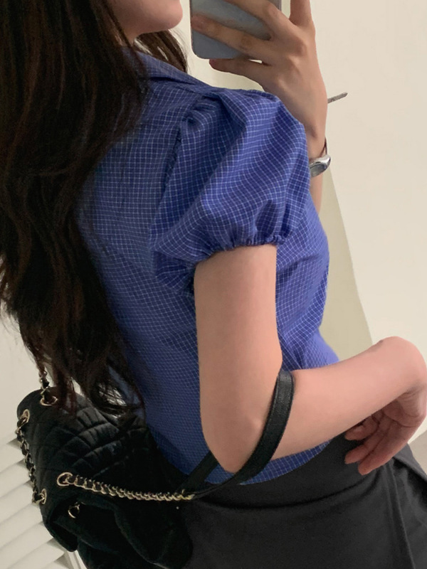 欧美甜美清新风BM格子排口衬衫复古感蓝色翻领修身显瘦短袖上衣|undefined