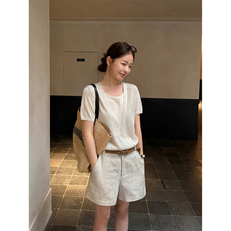 Han Xun Weekend Outing Two-Piece Style Linen Blend Cool Loose Knit Sweater for Women 2026 Summer New Model 26853