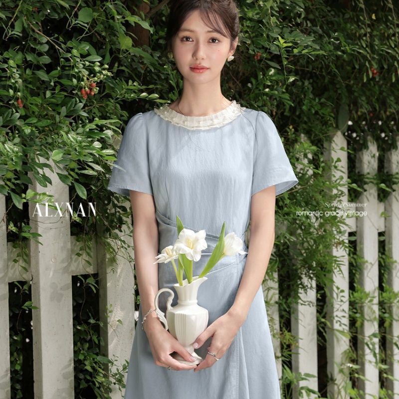 夏季法式温柔2025气质短袖连衣裙收腰高级休闲显瘦蓝色新款长裙子|undefined