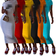 XX029亚马逊独立站欧美女装纯色连衣裙度假休闲长裙短袖T恤裙性感