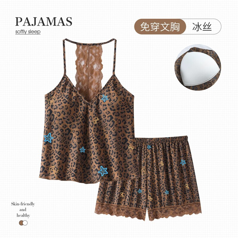 Leopard Print Sexy Hollow-Out High-End Ice Silk Pajamas for Women, Summer Camisole Shorts, New Trendy Ins-Style Loungewear Leopard Print Sexy Hollow-Out High-End Ice Silk Pajamas for Women, Summer Camisole Shorts, New Trendy Ins-Style Loungewear