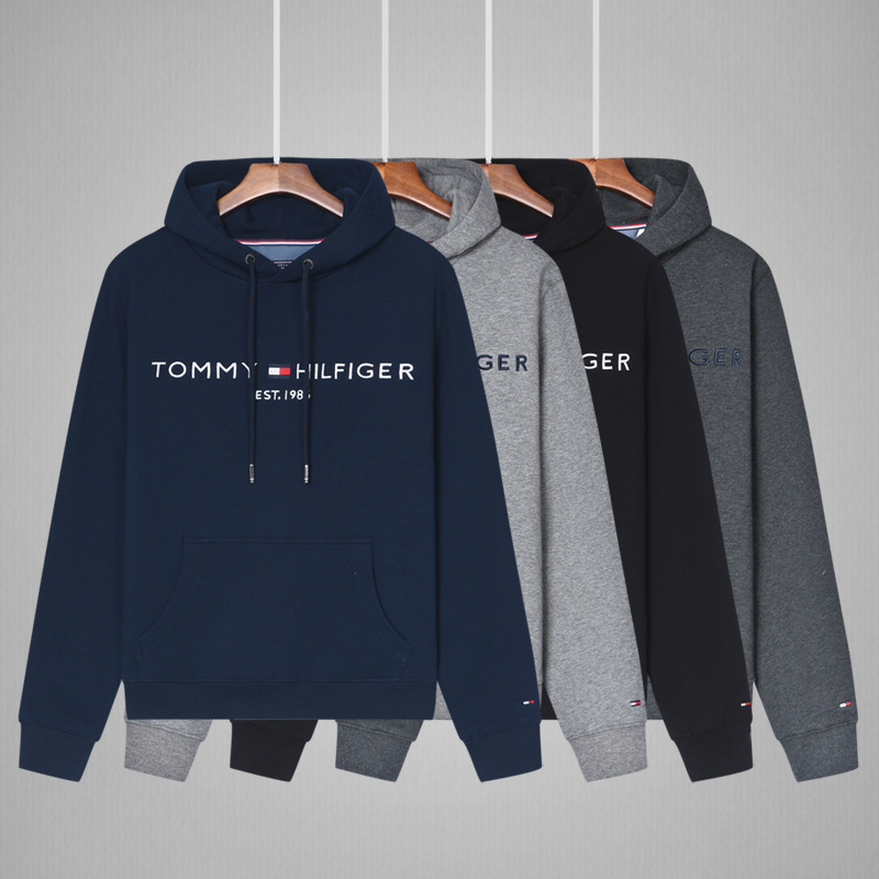 Spring and Autumn New Men's Tommy Men's Hooded Pullover Embroidered Sweatshirt Casual Solid Color Long Sleeve Jacket