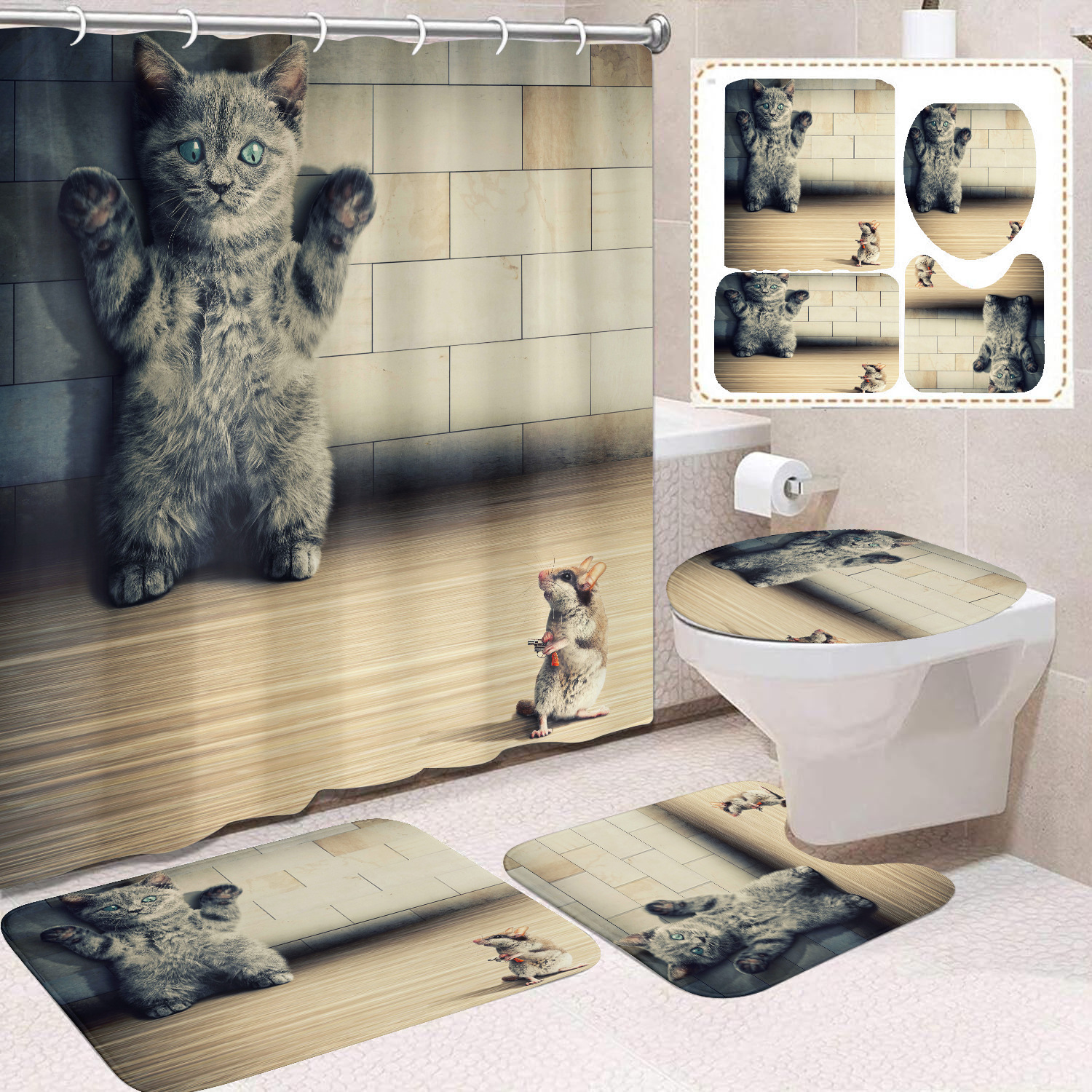 Fuente de fabricantes Amazon animales gatos niños cortina de ducha impermeable a prueba de moho cortina de ducha inodoro partición de baño divertido