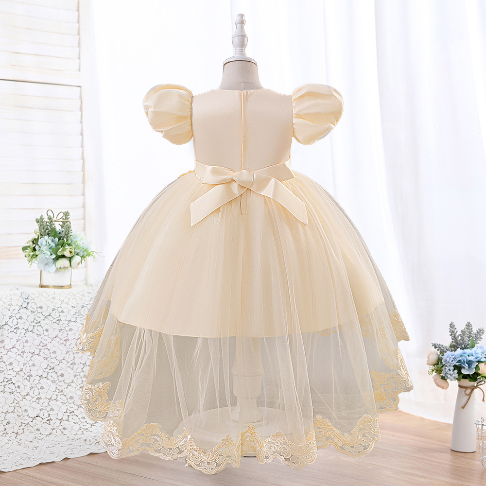 Vestido de niños transfronterizo nueva niña burbuja manga malla princesa flor floral vestido de cola espectáculo vestido de noche