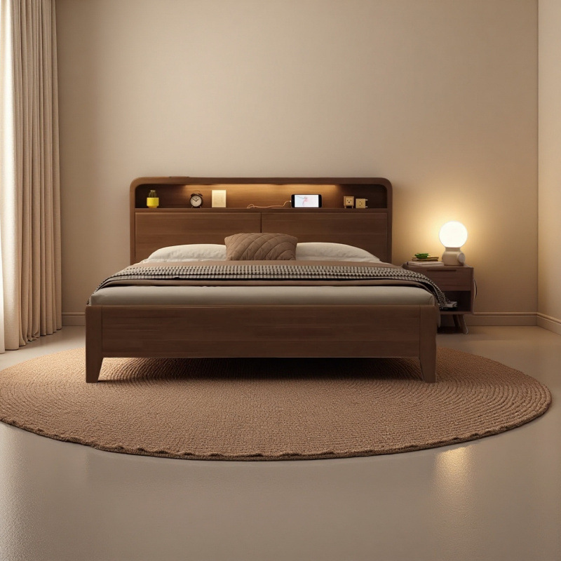 Nordic Rubberwood Solid Wood Bed with Mortise and Tenon Structure, Usb+ Charging Night Light, Pure Solid Wood, Available in Various Sizes, Factory Direct