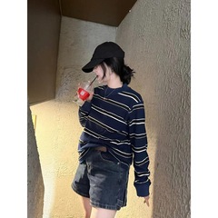 小个子藏蓝色条纹圆领无帽卫衣女早秋季美式慵懒chic宽松短款上衣