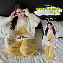 家居服女款2025新款冬加厚初中生女孩半边绒套装女童加绒保暖睡衣