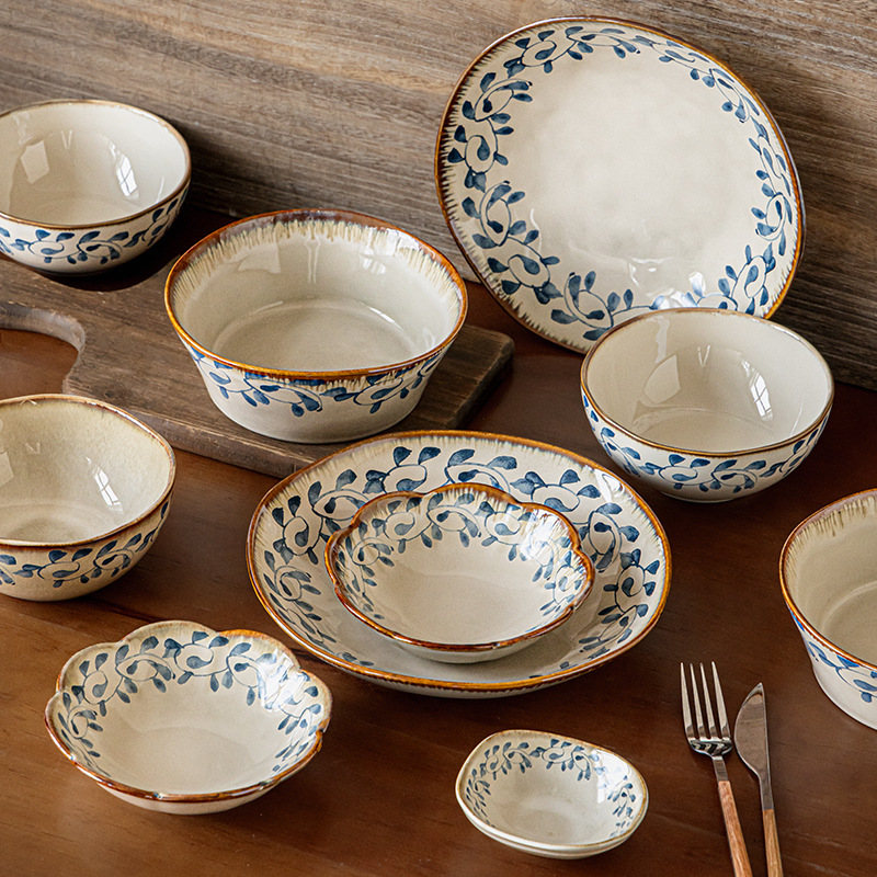 Zhifengcao Series of Antique-Style Ceramic Tableware, Eating Bowls, Dishes and Plates, Restaurant Noodle Bowls and Dishes, Cross-Border Export