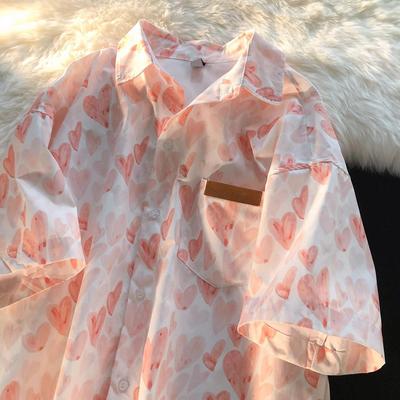 满身爱心印花衬衫男女薄款宽松休闲情侣装潮流夏装设计感别致上衣