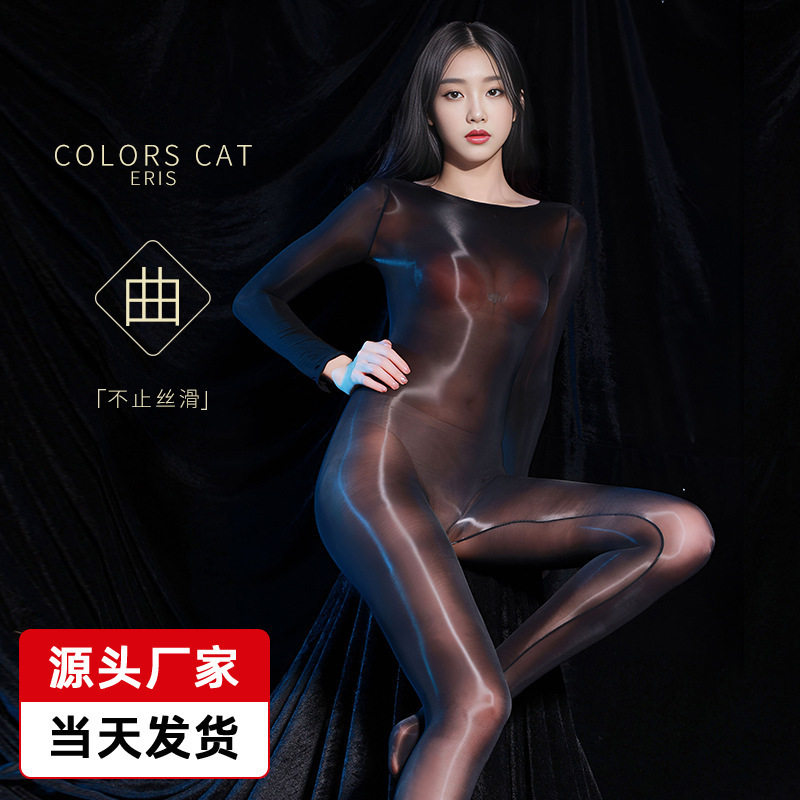 Glossy One-Piece Stockings, Full-Body Transparent Ultra-Thin Bodysuit, Silky Open-Crotch Couple's Tights, Wholesale Glossy Bare-Leg Look