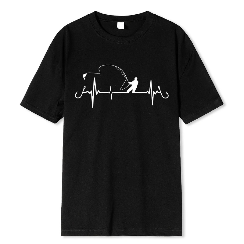 Cotton oversized men's fishing heartbeat novelty funny T-shirt Hip Hop Street Harajuku shirt men's T-shirt