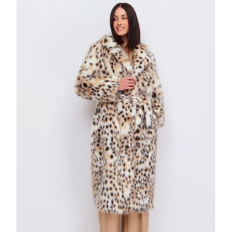 Women's Leopard Print Faux Fur Coat Fox Fur Long Coat Toca Wool Dress Collar Belt Mink Velvet Coat