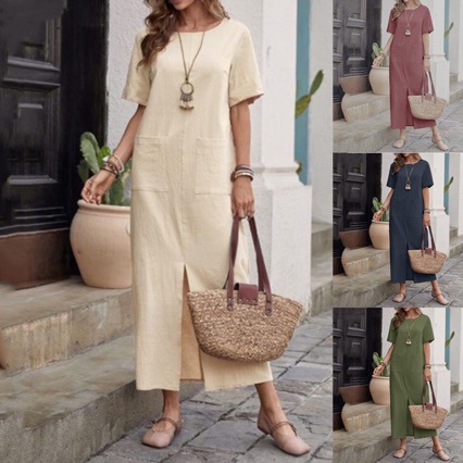 summer solid color short sleeve dress with a round collar
