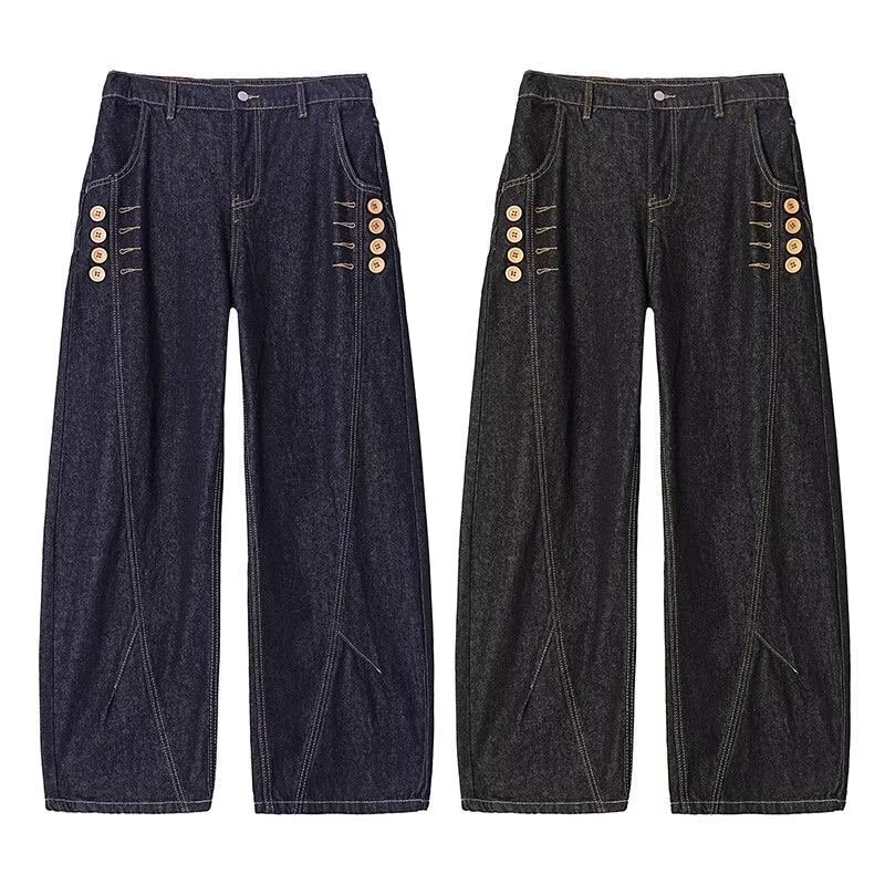 Japanese Original Craftsmanship American Retro Scimitar Pants with Unique Design Wide-Leg Loose Jeans