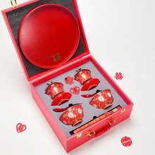 珐琅彩盖碗婚庆红色敬茶杯婚碗套装陶瓷喜碗结婚喜事碗筷陪嫁用品