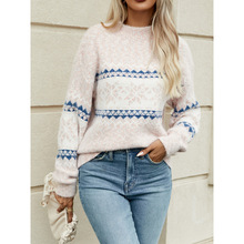 2026跨境新款欧美女式雪花几何图案休闲圆领毛衣跨境代发