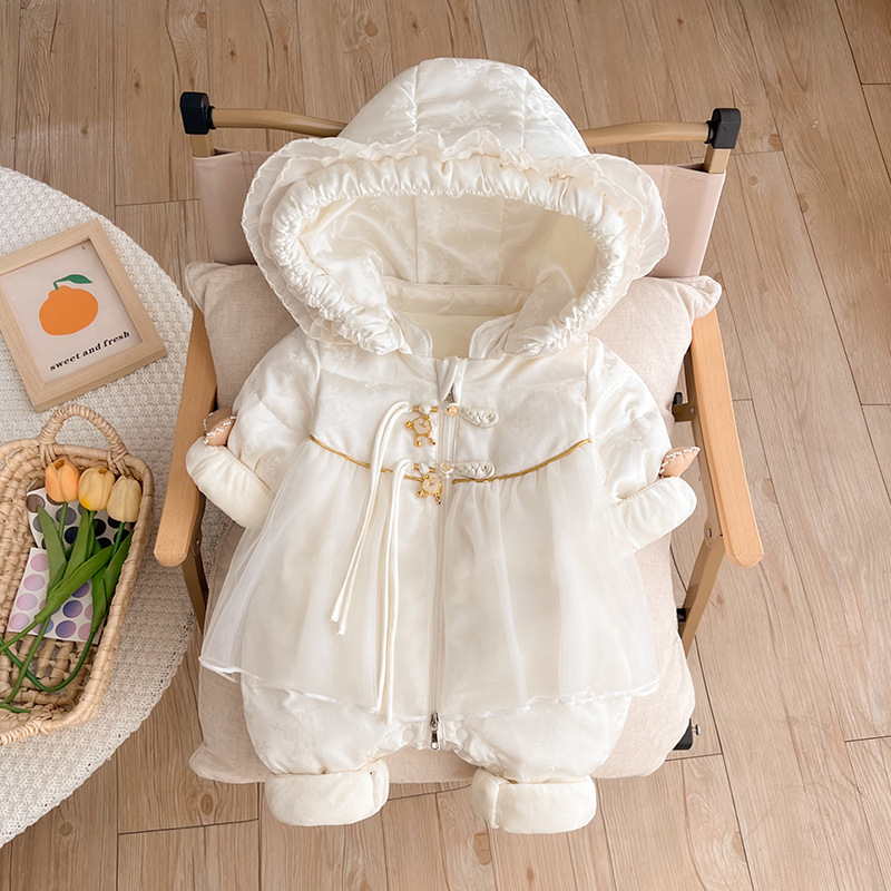 Baby down bodysuit, princess style, 90% white duck down, thickened fleece lining, winter outerwear, baby swaddle.