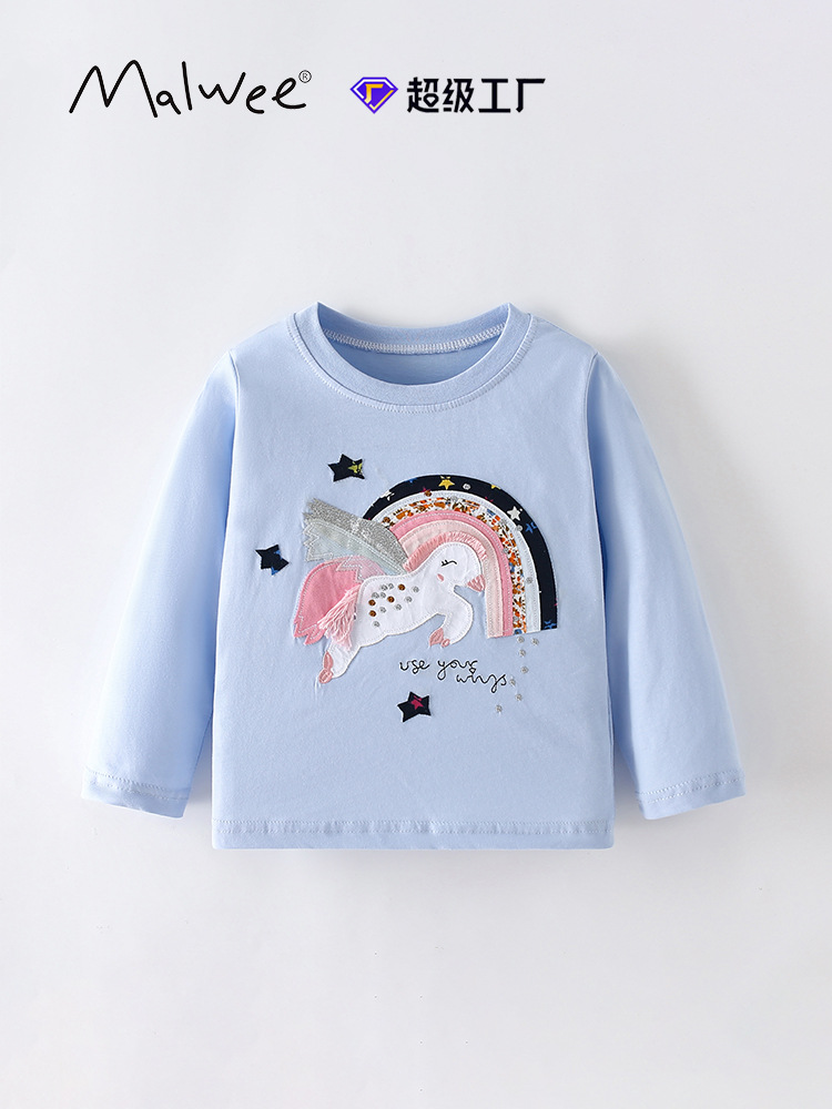 Malwee camiseta de niñas otoño y invierno nuevo cuello redondo europeo y americano para niños de manga larga base extranjera ropa superior de niños