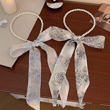 新中式港风珍珠发箍一体编发头箍发饰玫瑰花丝带丝巾绑发头饰发带