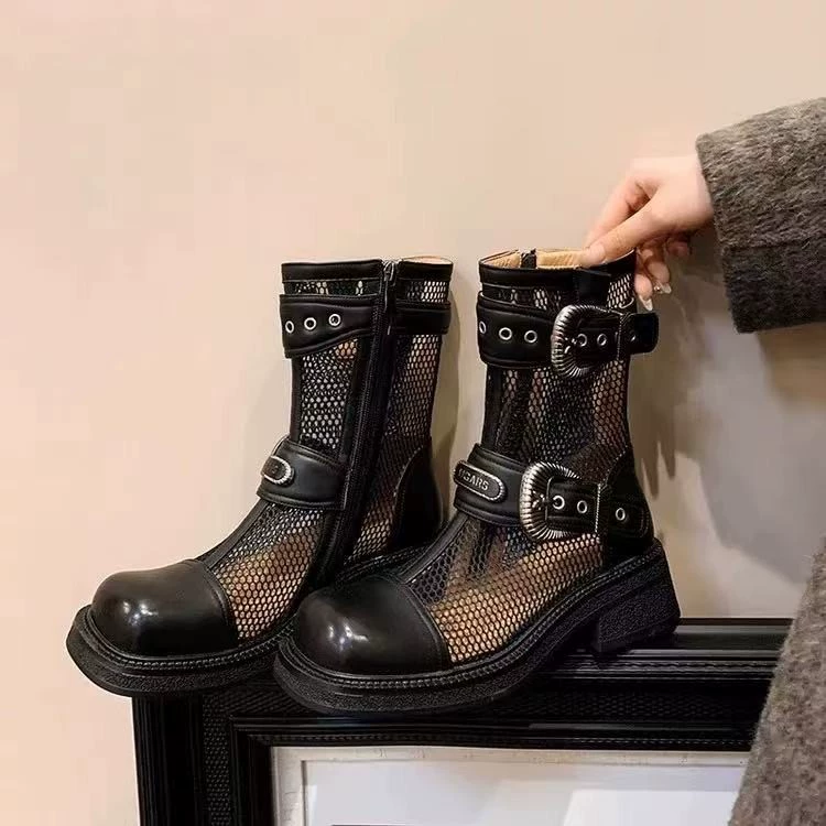 Женские ботинки в европейском стиле Martin, толстоподошвенные летние босоножки 2025 года с тонкой сеткой, универсальные женские сетчатые ботинки с перфорацией.