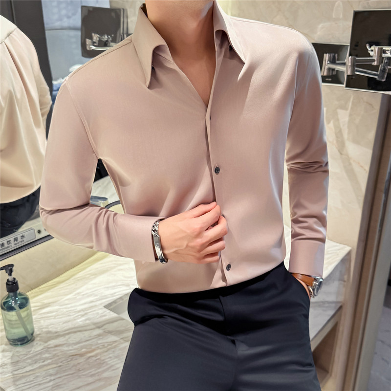 Men's Shirt 2026 Spring Long-Sleeve Shirt French V-Neck Tailored Fit Pink Wedding Base Shirt
