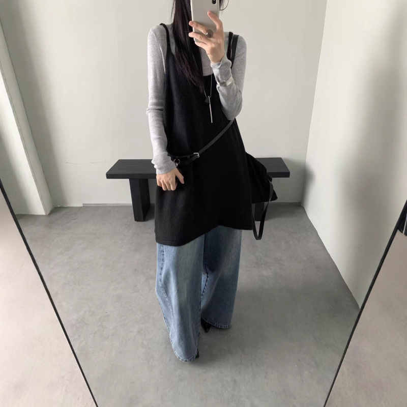 2025秋冬新款韩版宽松慵懒风针织背心吊带裙百搭叠穿中长裙子女|undefined