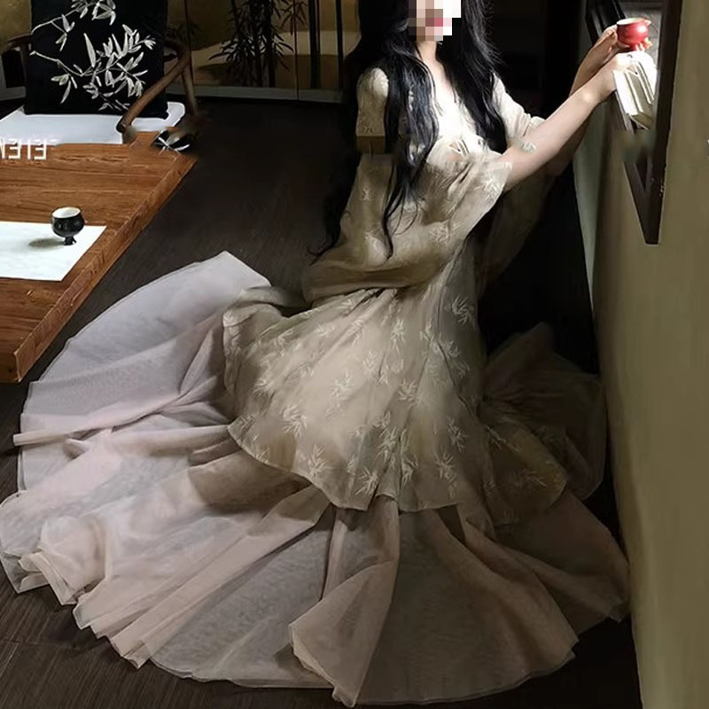 新中式国风复古竹叶高级不撞款薄纱连衣裙女夏季禅意风碎花裙子女|undefined