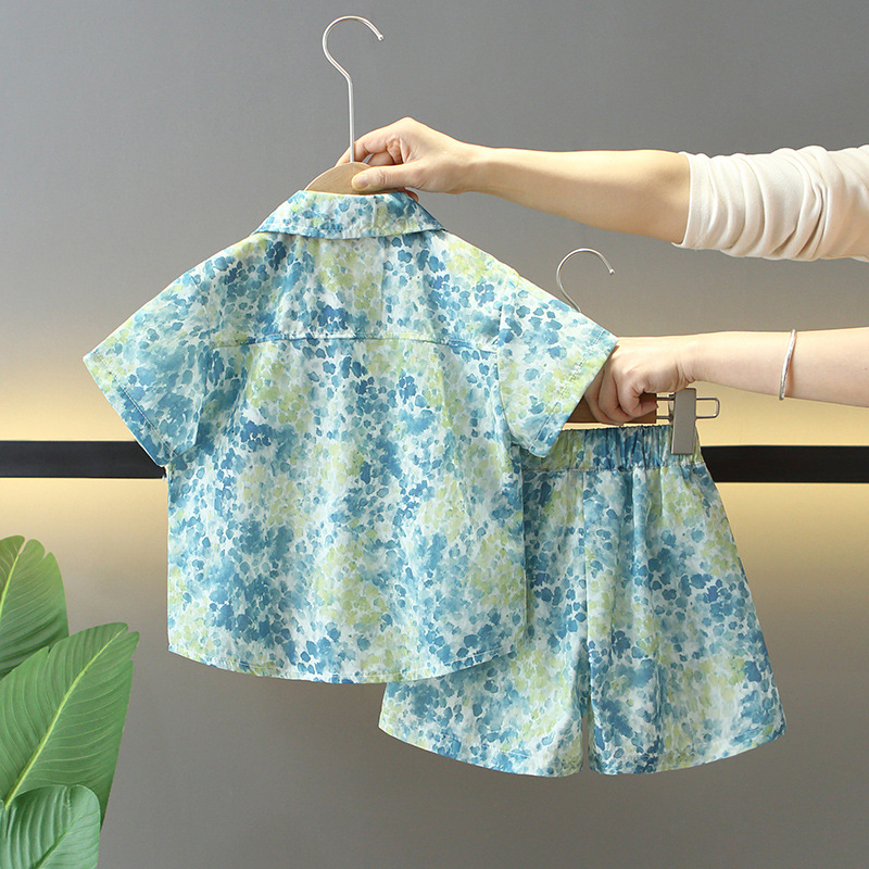 7860 traje de camisa de verano para niños 2025 nuevo estilo de moda para niños de dos piezas de manga corta ropa de estilo de playa para bebés