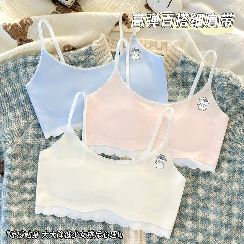 Girls' Developmental Period Junior High School Student Underwear, Student Girl Style Bra with Fixed Cups, Stage 1 Children's Small Vest for Ages 6-12 Girls' Developmental Period Junior High School Student Underwear, Student Girl Style Bra with Fixed Cups, Stage 1 Children's Small Vest for Ages 6-12