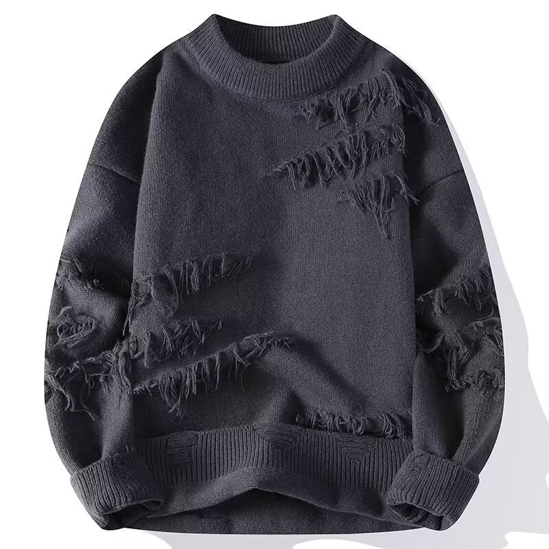 Winter sweater men's trendy solid color all-match round neck long sleeve thickened bottoming Japanese style lazy ripped sweater