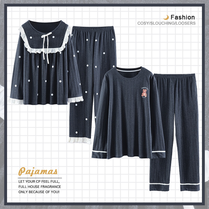 Pareja pijamas de algodón manga larga Otoño e Invierno traje los hombres color sólido flojo ocasional más tamaño vestir prendas exteriores homewear