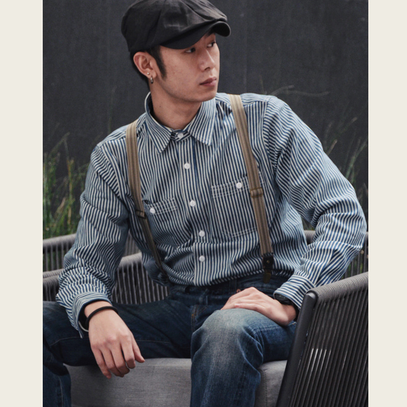 Heavy American Style Short-sleeved Ameli Khaki Shirt Railway Vertical Stripe Work Shirt Men's Loose Casual Long-sleeved Shirt