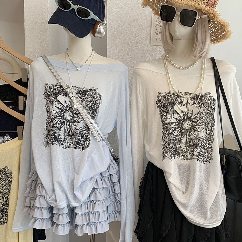 Kekezoon Simple Long-Sleeved T-Shirt for Women with Printed Patterns, Loose Top, Fashionable and Versatile Thin Sun Protection Clothing 7526