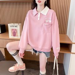 设计感polo领卫衣女撞色韩国2025新款刺绣宽松大码慵懒风上衣女潮