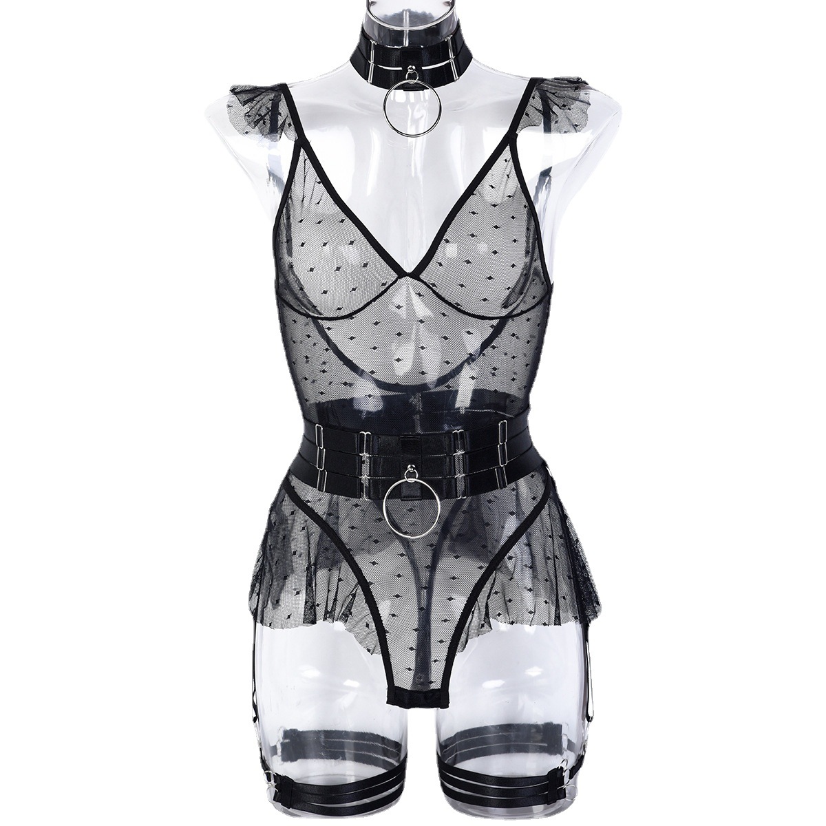 Europa y América sexy 5-piezas conjunto AliExpress ins invierno malla costura mono con gran Halter cintura sello pierna anillo 3297