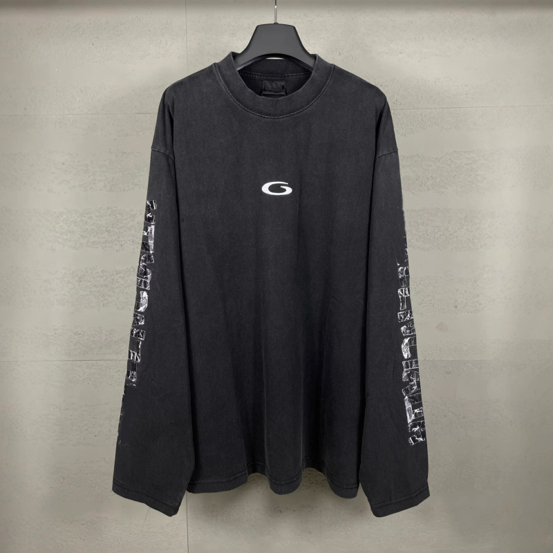 Paris High Version B Brand 25 New Masking Tape Printed Chest Logo Embroidered Loose Large Size Long-Sleeved T-Shirt