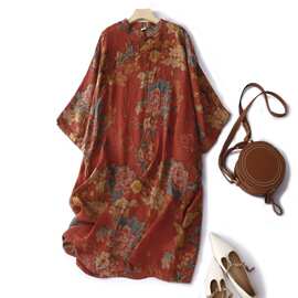 2024夏季新中式禅意茶服盘扣立领宽松大码女装国风印花中长连衣裙