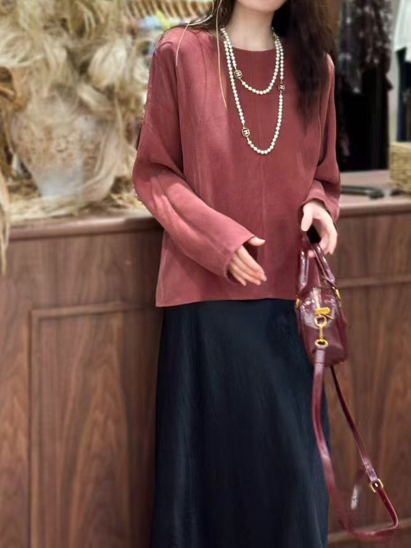 高级感气质轻奢圆领衬衫女秋季宽松复古时尚简约铜氨丝上衣|undefined