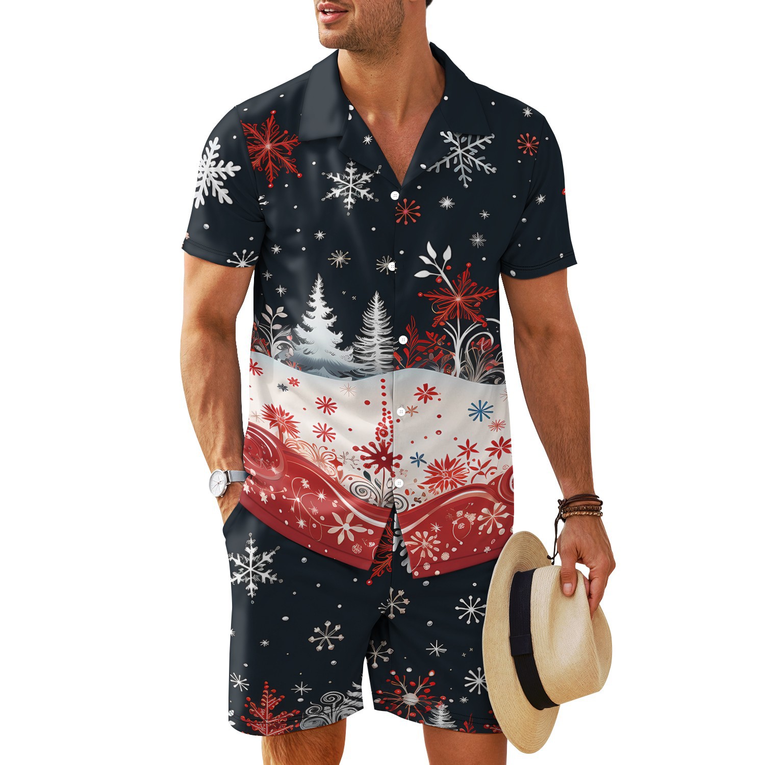 Transfronterizo 2025 nuevo estilo Amazon europeo y americano patrón de nieve cuello cubano camisa de manga corta pantalones cortos traje MB34 MA04